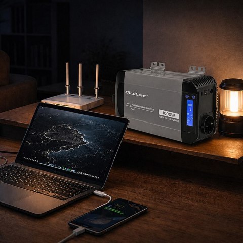 Qoltec Przetwornica napięcia Pure Sine Wave | 12V na 230V | 500/1000W | LCD | USB | USB-C | Kompatibilność z LiFePo4 GEL AGM