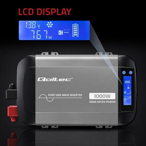 Qoltec Przetwornica napięcia Pure Sine Wave | 12V na 230V | 500/1000W | LCD | USB | USB-C | Kompatibilność z LiFePo4 GEL AGM