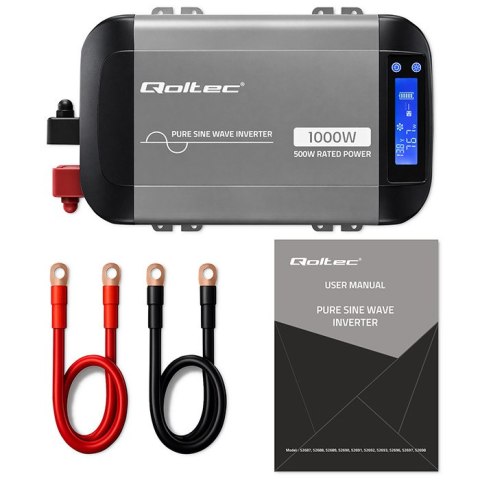 Qoltec Przetwornica napięcia Pure Sine Wave | 12V na 230V | 500/1000W | LCD | USB | USB-C | Kompatibilność z LiFePo4 GEL AGM