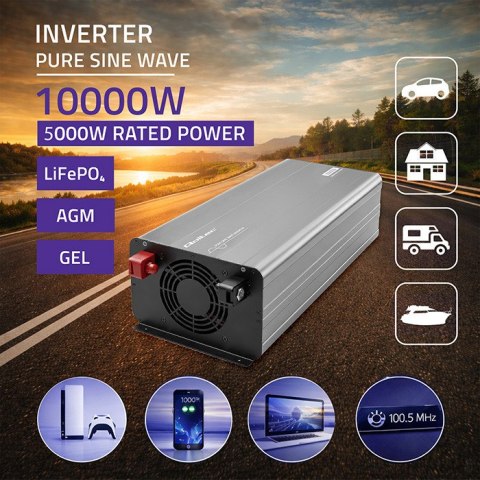 Qoltec Przetwornica napięcia Pure Sine Wave | 24V na 230V | 5000/10000W | USB | Kompatybilna z LiFePO4 GEL AGM