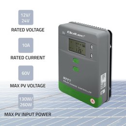Qoltec Solarny regulator ładowania MPPT z czujnikiem temperatury 10A |12V / 24V | LCD | 2 x USB | GEL | LiFePO4