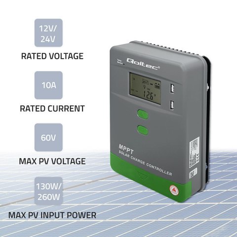 Qoltec Solarny regulator ładowania MPPT z czujnikiem temperatury 10A |12V / 24V | LCD | 2 x USB | GEL | LiFePO4