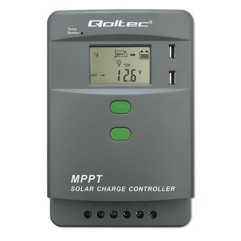 Qoltec Solarny regulator ładowania MPPT z czujnikiem temperatury 10A |12V / 24V | LCD | 2 x USB | GEL | LiFePO4