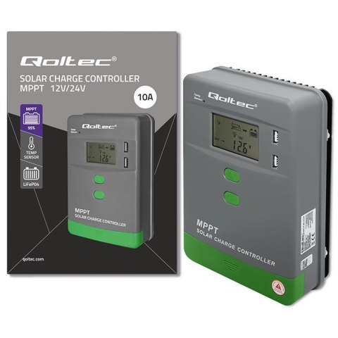 Qoltec Solarny regulator ładowania MPPT z czujnikiem temperatury 10A |12V / 24V | LCD | 2 x USB | GEL | LiFePO4
