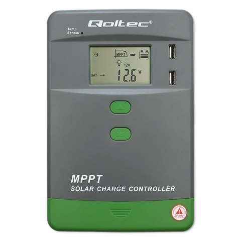 Qoltec Solarny regulator ładowania MPPT z czujnikiem temperatury 20A |12V / 24V | LCD | 2 x USB | GEL | LiFePO4