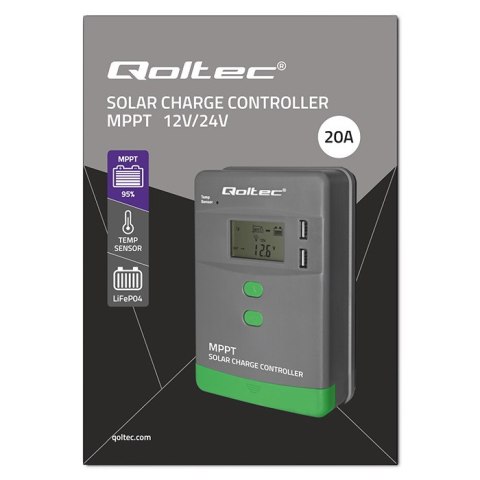 Qoltec Solarny regulator ładowania MPPT z czujnikiem temperatury 20A |12V / 24V | LCD | 2 x USB | GEL | LiFePO4