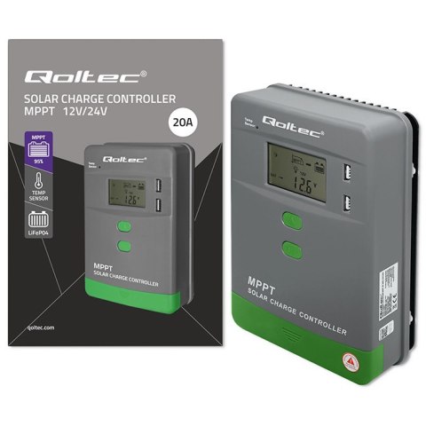 Qoltec Solarny regulator ładowania MPPT z czujnikiem temperatury 20A |12V / 24V | LCD | 2 x USB | GEL | LiFePO4