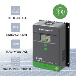 Qoltec Solarny regulator ładowania MPPT z czujnikiem temperatury 80A |12V / 24V / 36V / 48V | LCD | Bluetooth | APP | GEL | LiFe