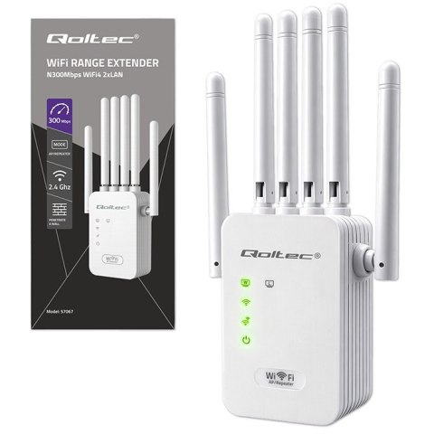 Qoltec Wzmacniacz sygnału WiFi | Repeater | Access Point | N300 | 6 anten | 2x RJ45