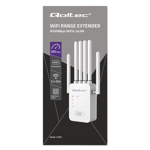 Qoltec Wzmacniacz sygnału WiFi | Repeater | Access Point | N300 | 6 anten | 2x RJ45