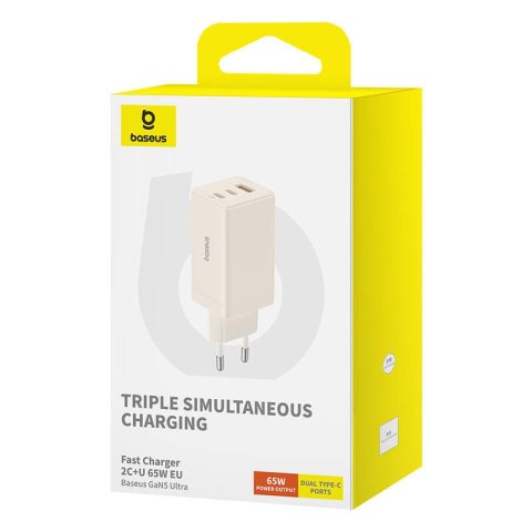 Ładowarka sieciowa Baseus GaN5, 2x USB-C + USB, 65W + kabel 1m (biała)