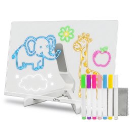 LED DRAWING BOARD - Podświetlana tablica LED ze stojakiem do rysowania i notatek 30 × 20 cm. Zestaw zawiera 7 barwnych markerów 