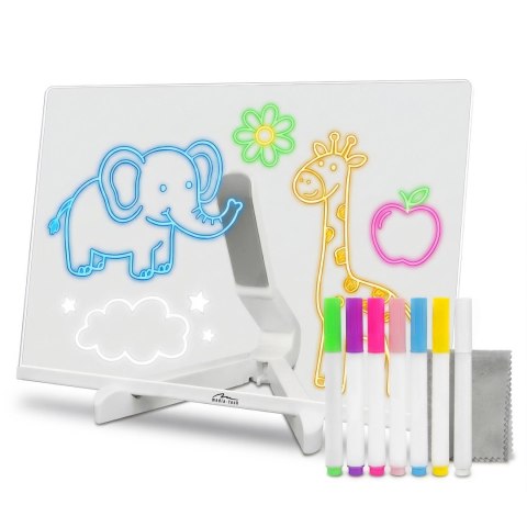 LED DRAWING BOARD - Podświetlana tablica LED ze stojakiem do rysowania i notatek 30 × 20 cm. Zestaw zawiera 7 barwnych markerów 