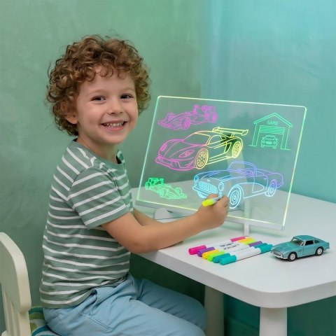 LED DRAWING BOARD - Podświetlana tablica LED ze stojakiem do rysowania i notatek 30 × 20 cm. Zestaw zawiera 7 barwnych markerów 