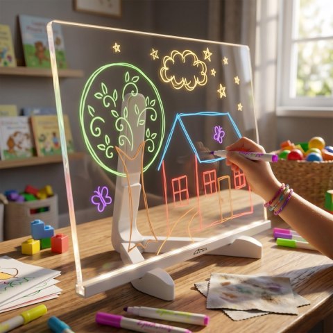 LED DRAWING BOARD - Podświetlana tablica LED ze stojakiem do rysowania i notatek 30 × 20 cm. Zestaw zawiera 7 barwnych markerów 