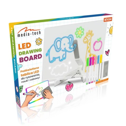LED DRAWING BOARD - Podświetlana tablica LED ze stojakiem do rysowania i notatek 30 × 20 cm. Zestaw zawiera 7 barwnych markerów 