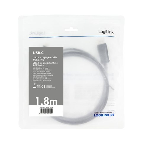 LogiLink UA0335 adapter kablowy 1,8 m USB Type-C DisplayPort Czarny