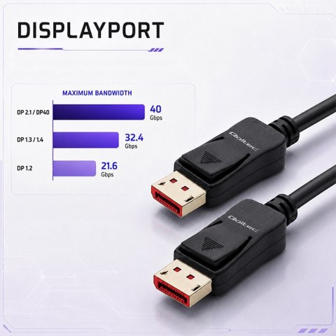 Qoltec Kabel DisplayPort v2.1 męski | DisplayPort v2.1 męski | 8K | 40G | 2m