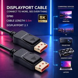 Qoltec Kabel DisplayPort v2.1 męski | DisplayPort v2.1 męski | 8K | 54G | 0.5m