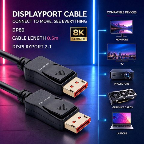 Qoltec Kabel DisplayPort v2.1 męski | DisplayPort v2.1 męski | 8K | 54G | 0.5m