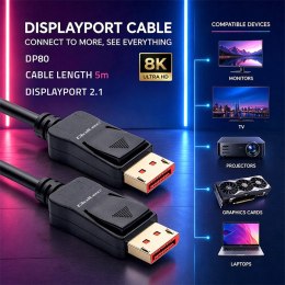 Qoltec Kabel DisplayPort v2.1 męski | DisplayPort v2.1 męski | 8K | 54G | 5m