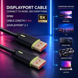 Qoltec Kabel DisplayPort v2.1 męski | DisplayPort v2.1 męski | 8K | 80G | 0.5m