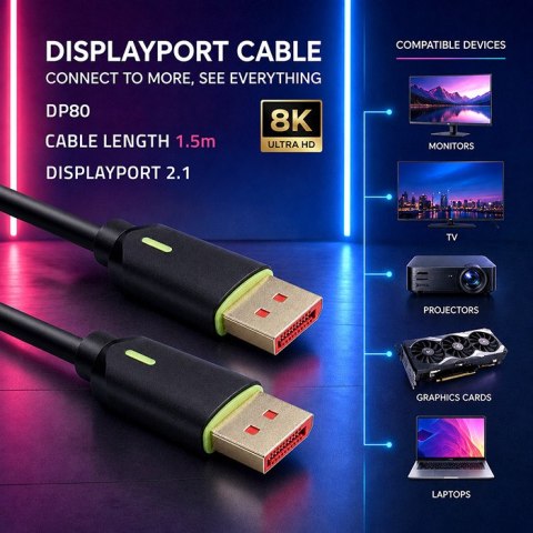 Qoltec Kabel DisplayPort v2.1 męski | DisplayPort v2.1 męski | 8K | 80G | 1.5m