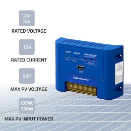 Qoltec Solarny regulator ładowania MPPT 15A do zasilania odbiorników DC i ładowania akumulatorów 12V / 24V | AGM