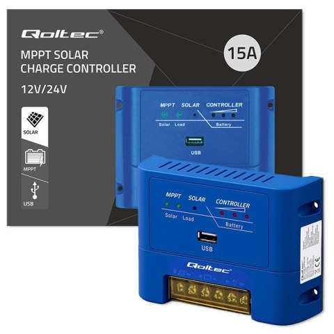 Qoltec Solarny regulator ładowania MPPT 15A do zasilania odbiorników DC i ładowania akumulatorów 12V / 24V | AGM