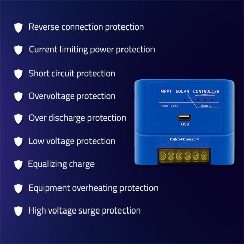 Qoltec Solarny regulator ładowania MPPT 15A do zasilania odbiorników DC i ładowania akumulatorów 12V / 24V | LiFePO4