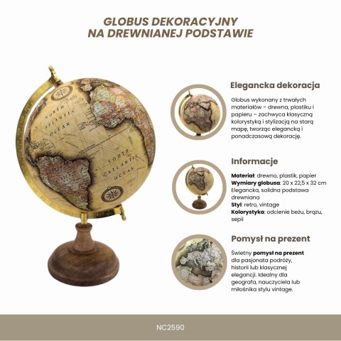 Globus Dekoracyjny Retro na Drewnianej Podstawie - Styl Vintage 32 cm - NC2590