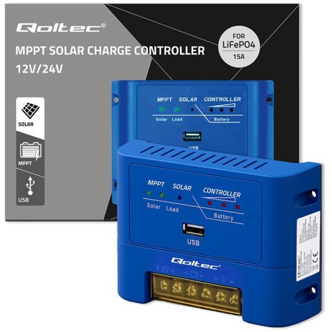Qoltec Solarny regulator ładowania MPPT 15A do zasilania odbiorników DC i ładowania akumulatorów 12V / 24V | LiFePO4