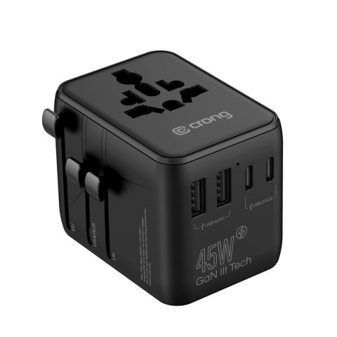 Crong One World Travel Adapter - Uniwersalny adapter podróżny GaN 45W UK/EU/US/AU (czarny)