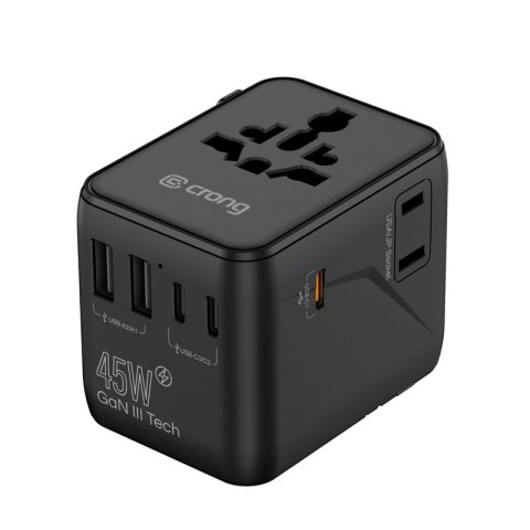 Crong One World Travel Adapter - Uniwersalny adapter podróżny GaN 45W UK/EU/US/AU (czarny)