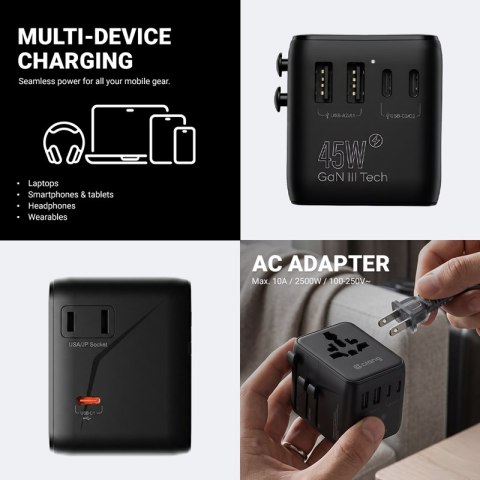 Crong One World Travel Adapter - Uniwersalny adapter podróżny GaN 45W UK/EU/US/AU (czarny)