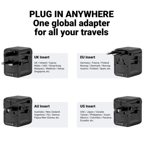 Crong One World Travel Adapter - Uniwersalny adapter podróżny GaN 45W UK/EU/US/AU (czarny)