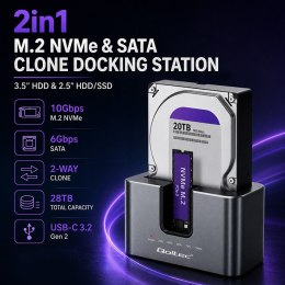 Qoltec Stacja dokująca 2w1 HDD SSD | SATA | M.2 NVMe | Klonowanie | USB-C 3.2 Gen 2 | 10Gb/s | 28TB | Aluminium