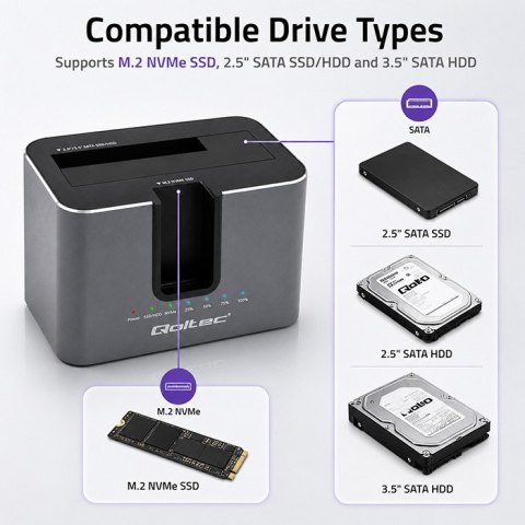 Qoltec Stacja dokująca 2w1 HDD SSD | SATA | M.2 NVMe | Klonowanie | USB-C 3.2 Gen 2 | 10Gb/s | 28TB | Aluminium