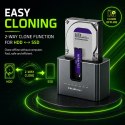 Qoltec Stacja dokująca 2w1 HDD SSD | SATA | M.2 NVMe | Klonowanie | USB-C 3.2 Gen 2 | 10Gb/s | 28TB | Aluminium