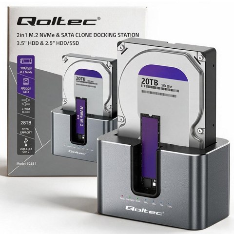 Qoltec Stacja dokująca 2w1 HDD SSD | SATA | M.2 NVMe | Klonowanie | USB-C 3.2 Gen 2 | 10Gb/s | 28TB | Aluminium