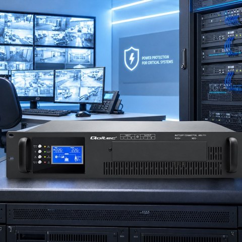 Qoltec Zasilacz awaryjny UPS Pure Sine Wave do RACK | 3kVA | 3000W | PF 1.0 | LCD | EPO | USB | On-line | Kompatybilność z LiFeP