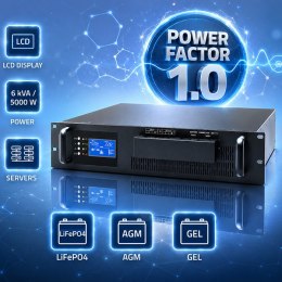 Qoltec Zasilacz awaryjny UPS Pure Sine Wave do RACK | 5kVA | 5000W | PF 1.0 | LCD | EPO | USB | On-line | Kompatybilność z LiFeP