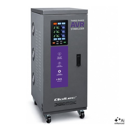 Qoltec Trójfazowy stabilizator napięcia AVR MULTIPROTECTION | 20kVA | Dokładność ± 3% | Serwomotor 3F | LCD | Expert Line