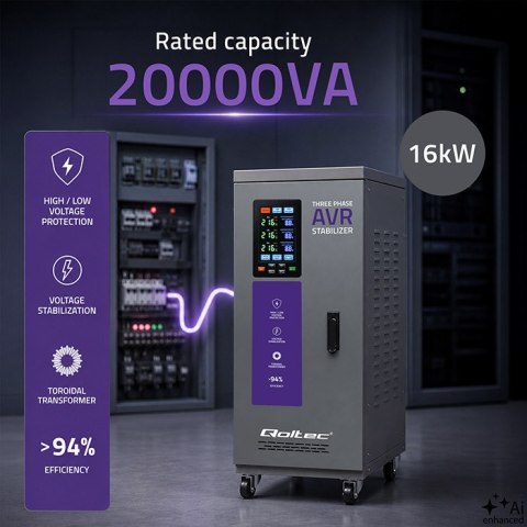Qoltec Trójfazowy stabilizator napięcia AVR MULTIPROTECTION | 20kVA | Dokładność ± 3% | Serwomotor 3F | LCD | Expert Line