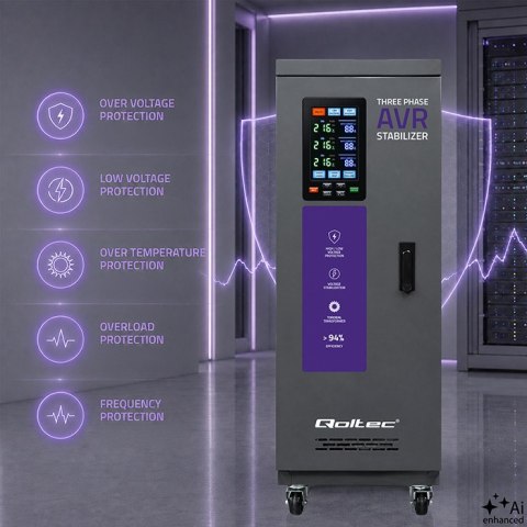 Qoltec Trójfazowy stabilizator napięcia AVR MULTIPROTECTION | 20kVA | Dokładność ± 3% | Serwomotor 3F | LCD | Expert Line