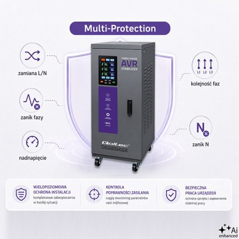 Qoltec Trójfazowy stabilizator napięcia AVR MULTIPROTECTION | 30kVA | Dokładność ± 3% | Serwomotor 3F | LCD | Expert Line