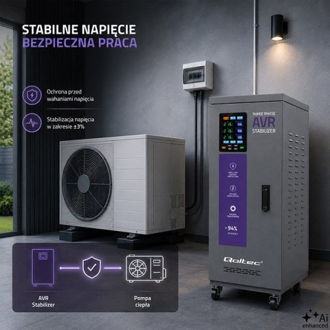 Qoltec Trójfazowy stabilizator napięcia AVR MULTIPROTECTION | 30kVA | Dokładność ± 3% | Serwomotor 3F | LCD | Expert Line