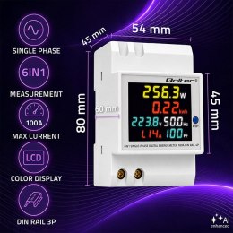 Qoltec Jednofazowy licznik 6w1| miernik zużycia energii na szynę DIN | 230V | 100A | LCD | CT | 3P
