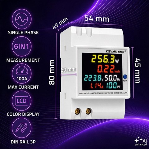 Qoltec Jednofazowy licznik 6w1| miernik zużycia energii na szynę DIN | 230V | 100A | LCD | CT | 3P