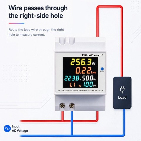Qoltec Jednofazowy licznik 6w1| miernik zużycia energii na szynę DIN | 230V | 100A | LCD | CT | 3P